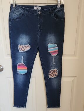 Crazy Train Dark Blue Skinny Jeans with Multicolor Stripe and Leopard Patches